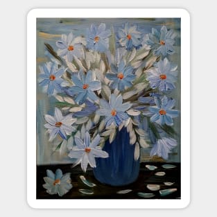 stunning some abstract flowers and silver leaves in a Blue and teal vase and I love the vase in metallic finish on it . Sticker